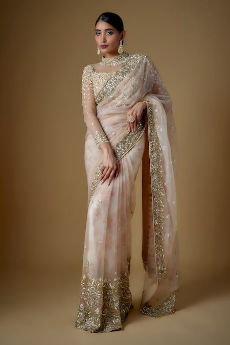 Buy FATIZ Gold Tulle Sequins, Zari, Crystals High Neck Hand Embroidered Saree Set Online at Aza Fashions Buy_FATIZ_Gold Tulle Sequins, Zari, Crystals High Neck Hand Embroidered Saree Set_Online_at_Aza_Fashions