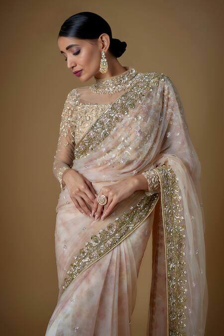 Shop FATIZ Gold Tulle Sequins, Zari, Crystals High Neck Hand Embroidered Saree Set Online at Aza Fashions Shop_FATIZ_Gold Tulle Sequins, Zari, Crystals High Neck Hand Embroidered Saree Set_Online_at_Aza_Fashions