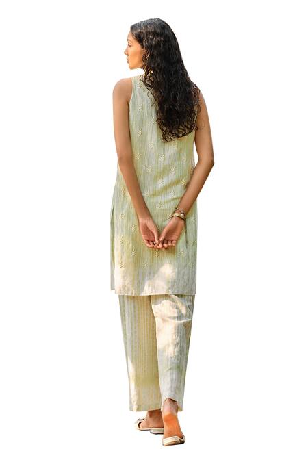 Buy_Grassroot By Anita Dongre_Green Bamboo, Linen Embroidery High Neck Sojourn Hand Kurta And Pant Set 
