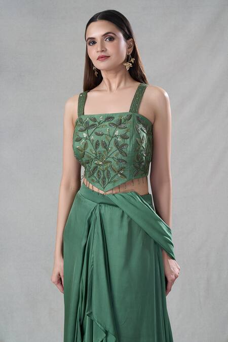 Buy_Suave_Green Denim, Satin Sequins, Beads, Tassel Detailed Pre-draped Saree With Blouse _Online_at_Aza_Fashions