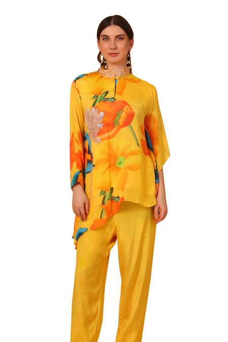 Shop Sayisha Yellow Chinon Printed Floral Band Collar Embroidered Tunic And Pant Set Shop_Sayisha_Yellow Chinon Printed Floral Band Collar Embroidered Tunic And Pant Set