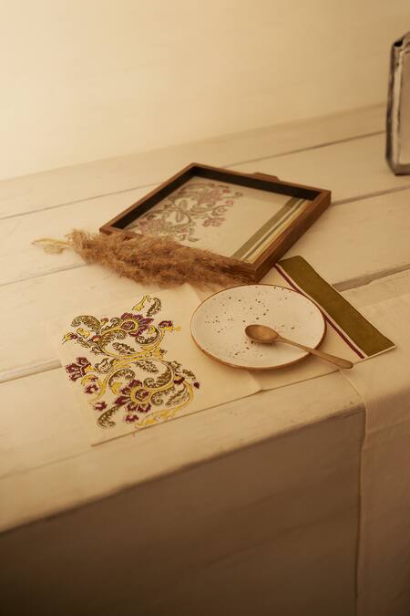 Shop Inheritance India White 100% Cotton Bijnor Print 4 Pcs Table Mats at Aza Fashions Shop_Inheritance India_White 100% Cotton Bijnor Print 4 Pcs Table Mats_at_Aza_Fashions