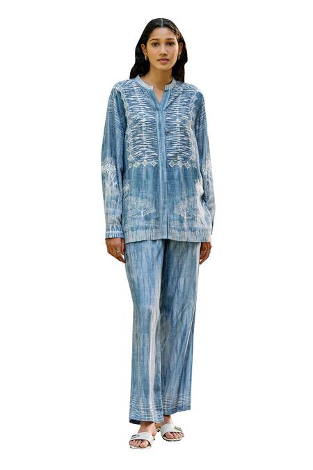 Grassroot By Anita Dongre_Blue Bamboo, Linen Embroidery Collared Creek Hand Top With Pant_Online_at_Aza_Fashions