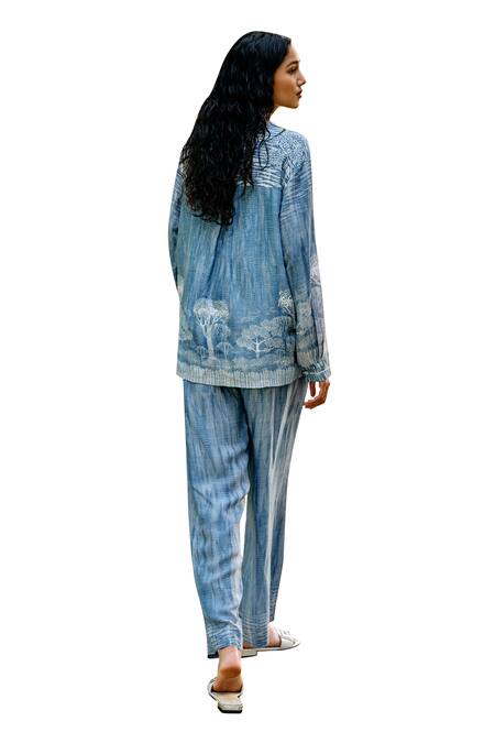 Shop_Grassroot By Anita Dongre_Blue Bamboo, Linen Embroidery Collared Creek Hand Top With Pant_Online_at_Aza_Fashions