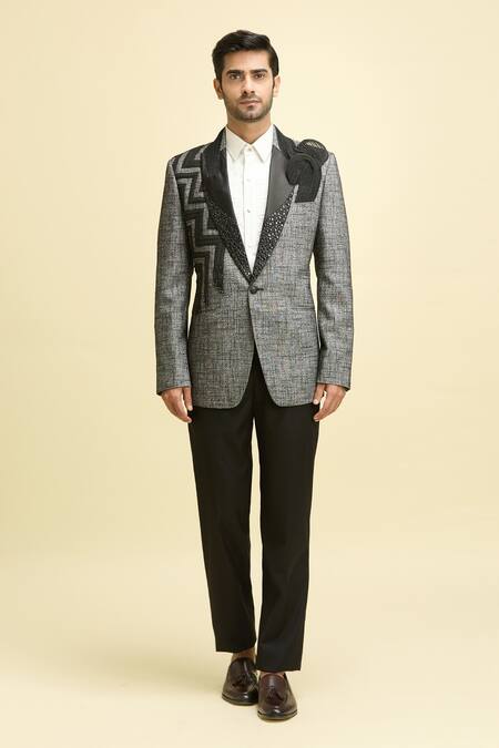 Arihant Rai Sinha_Grey Cotton, Lycra, Taffeta Cut Textured Draped Plisse Style Tuxedo Pant Set_at_Aza_Fashions