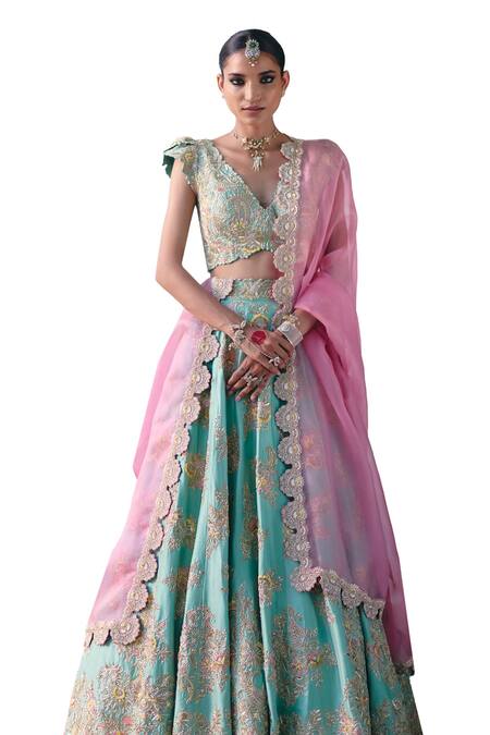 Buy Mrunalini Rao Green Silk, Organza Pearls, Embroidery, Zari Plunge Neck Astika Lehenga Set Online at Aza Fashions Buy_Mrunalini Rao_Green Silk, Organza Pearls, Embroidery, Zari Plunge Neck Astika Lehenga Set _Online_at_Aza_Fashions