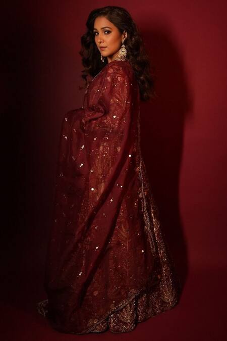 Shop_Payal Singhal_Red Silk, Organza, Muslin Embroidery, Gota Patti Resham Bridal Lehenga Set _Online_at_Aza_Fashions
