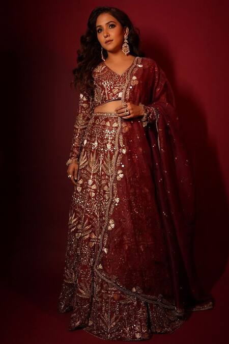 Buy_Payal Singhal_Red Silk, Organza, Muslin Embroidery, Gota Patti Resham Bridal Lehenga Set 
