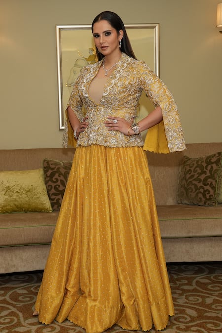 Mrunalini Rao Yellow Jacket Raw Silk Hand Embroidered Sequin Shaw Collar Kamala And Skirt Set 