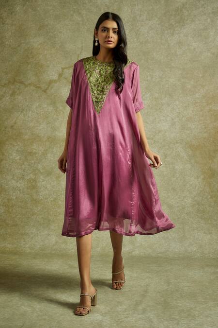 Buy Wazir C Pink Chiffon, Cotton Embroidery Round Neck Gul One Piece Dress Online at Aza Fashions Buy_Wazir C_Pink Chiffon, Cotton Embroidery Round Neck Gul One Piece Dress _Online_at_Aza_Fashions