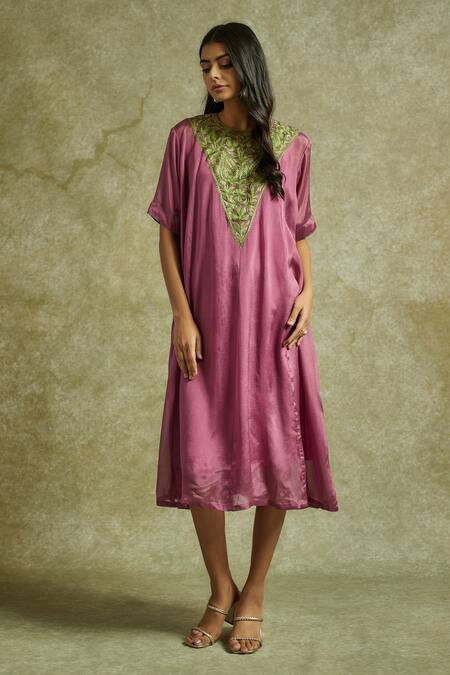 Shop Wazir C Pink Chiffon, Cotton Embroidery Round Neck Gul One Piece Dress Online at Aza Fashions Shop_Wazir C_Pink Chiffon, Cotton Embroidery Round Neck Gul One Piece Dress _Online_at_Aza_Fashions