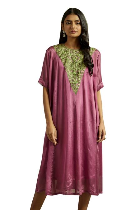 Wazir C Pink Chiffon, Cotton Embroidery Round Neck Gul One Piece Dress at Aza Fashions Wazir C_Pink Chiffon, Cotton Embroidery Round Neck Gul One Piece Dress _at_Aza_Fashions