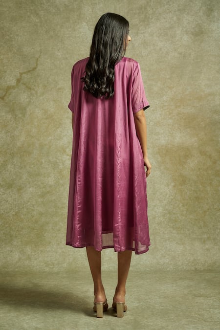 Shop Wazir C Pink Chiffon, Cotton Embroidery Round Neck Gul One Piece Dress at Aza Fashions Shop_Wazir C_Pink Chiffon, Cotton Embroidery Round Neck Gul One Piece Dress _at_Aza_Fashions