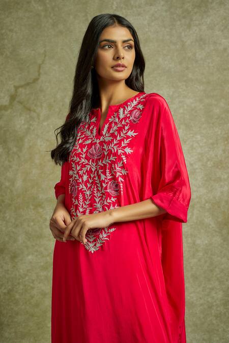 Buy Wazir C Pink Organza, Crepe Embroidery Split V-neck Gul Kaftan With Pant Buy_Wazir C_Pink Organza, Crepe Embroidery Split V-neck Gul Kaftan With Pant