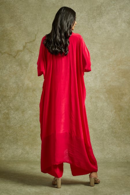 Shop Wazir C Pink Organza, Crepe Embroidery Split V-neck Gul Kaftan With Pant at Aza Fashions Shop_Wazir C_Pink Organza, Crepe Embroidery Split V-neck Gul Kaftan With Pant _at_Aza_Fashions