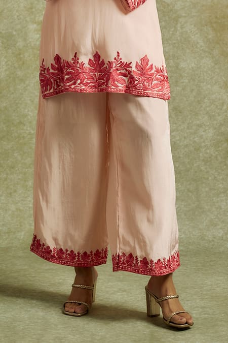 Shop_Wazir C_Peach Crepe, Cotton Embroidery V-neck Gul Kashmiri Aari Kurta With Pant _Online_at_Aza_Fashions