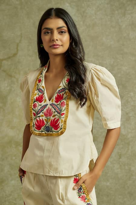 Buy Wazir C Off White Cotton Embroidery V-neck Gul Top With Pant Online at Aza Fashions Buy_Wazir C_Off White Cotton Embroidery V-neck Gul Top With Pant _Online_at_Aza_Fashions