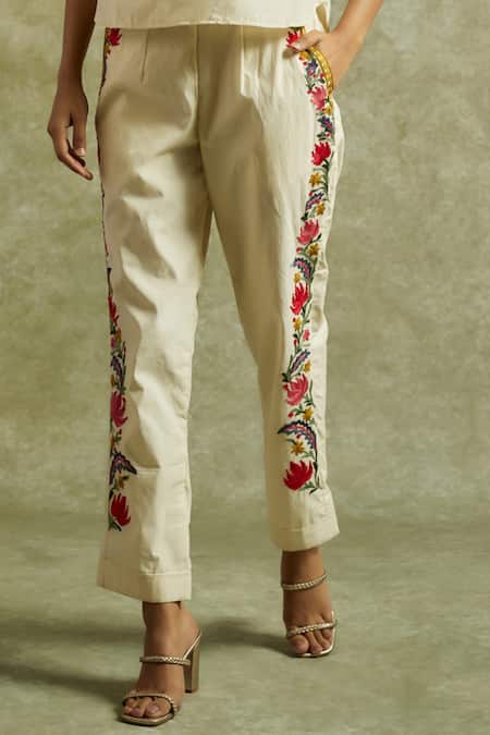 Shop Wazir C Off White Cotton Embroidery V-neck Gul Top With Pant Online at Aza Fashions Shop_Wazir C_Off White Cotton Embroidery V-neck Gul Top With Pant _Online_at_Aza_Fashions