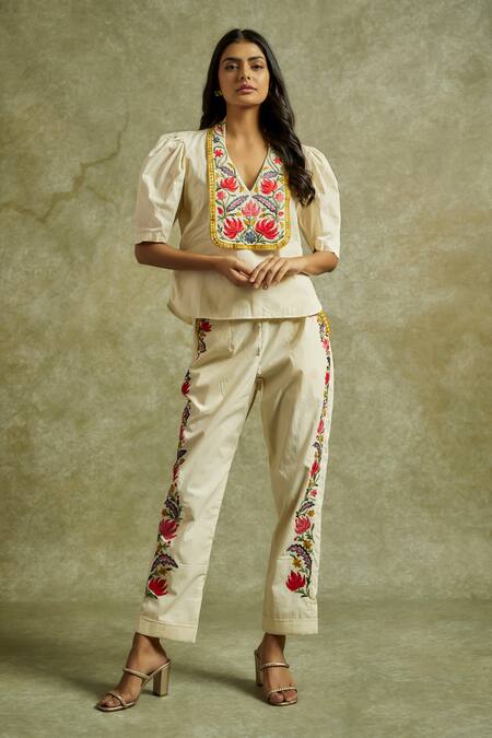 Buy Wazir C Off White Cotton Embroidery V-neck Gul Top With Pant Buy_Wazir C_Off White Cotton Embroidery V-neck Gul Top With Pant