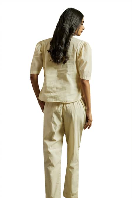 Shop Wazir C Off White Cotton Embroidery V-neck Gul Top With Pant Shop_Wazir C_Off White Cotton Embroidery V-neck Gul Top With Pant