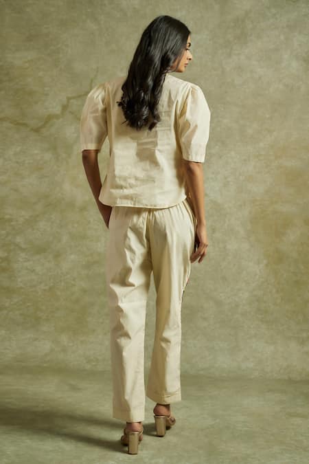 Shop Wazir C Off White Cotton Embroidery V-neck Gul Top With Pant at Aza Fashions Shop_Wazir C_Off White Cotton Embroidery V-neck Gul Top With Pant _at_Aza_Fashions