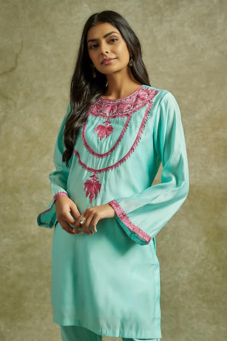 Buy Wazir C Sky Blue Muslin, Cotton Embroidery Round Neck Gul Kashmiri Aari Kurta With Pant Online at Aza Fashions Buy_Wazir C_Sky Blue Muslin, Cotton Embroidery Round Neck Gul Kashmiri Aari Kurta With Pant _Online_at_Aza_Fashions