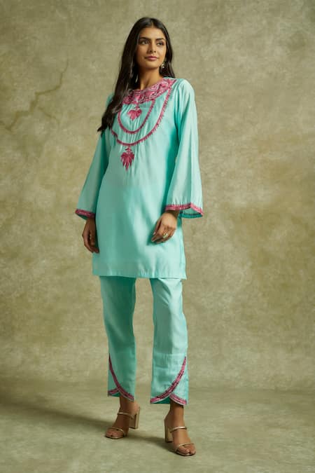 Shop Wazir C Sky Blue Muslin, Cotton Embroidery Round Neck Gul Kashmiri Aari Kurta With Pant Online at Aza Fashions Shop_Wazir C_Sky Blue Muslin, Cotton Embroidery Round Neck Gul Kashmiri Aari Kurta With Pant _Online_at_Aza_Fashions