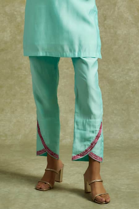 Wazir C Sky Blue Muslin, Cotton Embroidery Round Neck Gul Kashmiri Aari Kurta With Pant at Aza Fashions Wazir C_Sky Blue Muslin, Cotton Embroidery Round Neck Gul Kashmiri Aari Kurta With Pant _at_Aza_Fashions