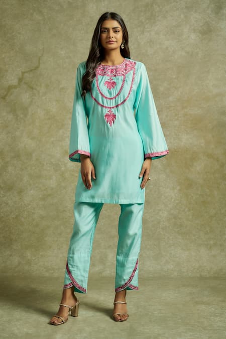 Shop Wazir C Sky Blue Muslin, Cotton Embroidery Round Neck Gul Kashmiri Aari Kurta With Pant Shop_Wazir C_Sky Blue Muslin, Cotton Embroidery Round Neck Gul Kashmiri Aari Kurta With Pant