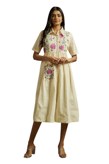 Buy Wazir C Off White Cotton Embroidery Collared Gul Kashmiri Aari Dress Online at Aza Fashions Buy_Wazir C_Off White Cotton Embroidery Collared Gul Kashmiri Aari Dress _Online_at_Aza_Fashions