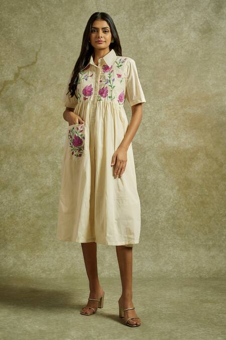 Shop Wazir C Off White Cotton Embroidery Collared Gul Kashmiri Aari Dress Online at Aza Fashions Shop_Wazir C_Off White Cotton Embroidery Collared Gul Kashmiri Aari Dress _Online_at_Aza_Fashions