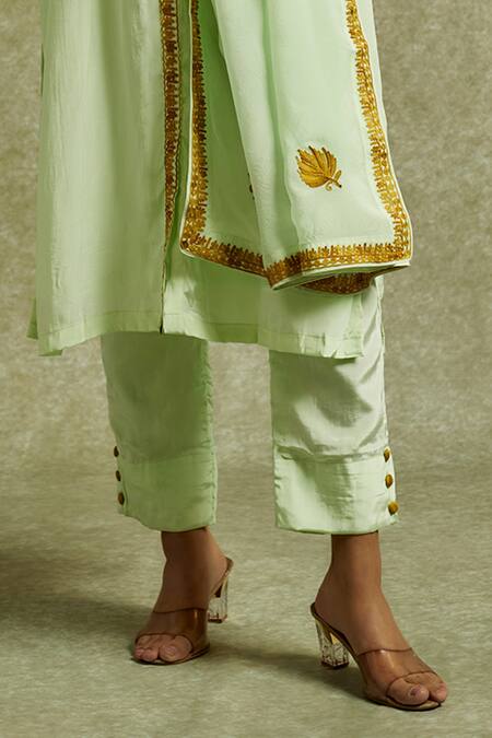 Wazir C_Green Organza, Crepe, Cotton Embroidery Collared Gul Shirt Kurta Pant Set _Online_at_Aza_Fashions