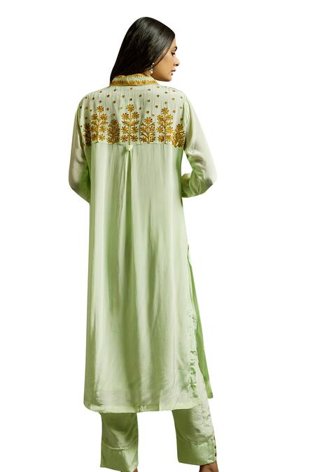 Buy_Wazir C_Green Organza, Crepe, Cotton Embroidery Collared Gul Shirt Kurta Pant Set _Online_at_Aza_Fashions