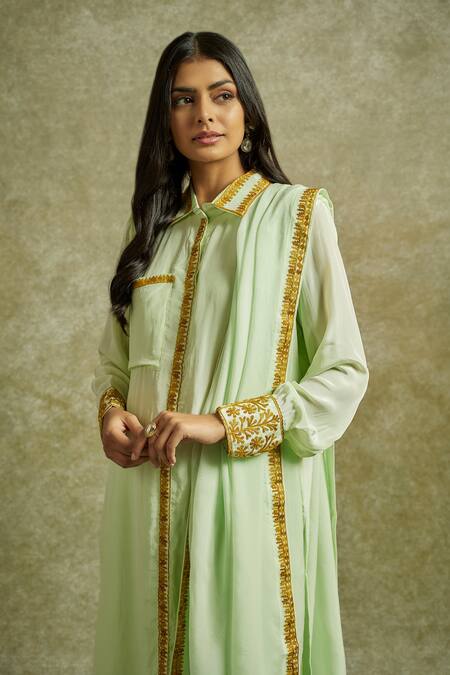 Shop_Wazir C_Green Organza, Crepe, Cotton Embroidery Collared Gul Shirt Kurta Pant Set _Online_at_Aza_Fashions