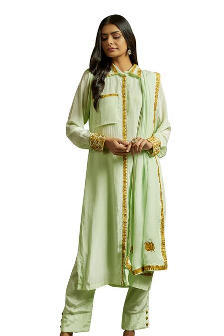 Wazir C_Green Organza, Crepe, Cotton Embroidery Collared Gul Shirt Kurta Pant Set _at_Aza_Fashions