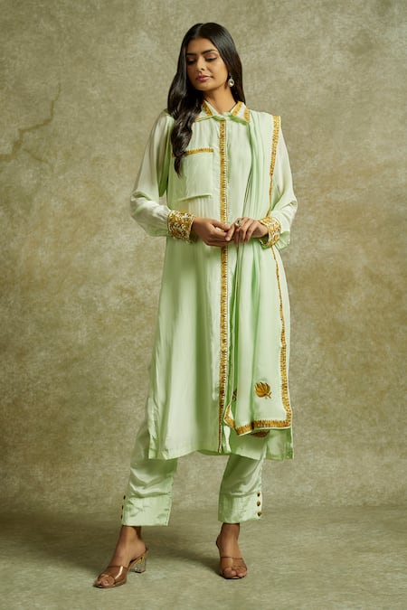 Buy_Wazir C_Green Organza, Crepe, Cotton Embroidery Collared Gul Shirt Kurta Pant Set 