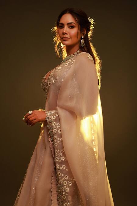 Shop Mrunalini Rao Peach Raw Silk, Organza Resham, Taara Bloom Embroidered Bridal Lehenga Set Shop_Mrunalini Rao_Peach Raw Silk, Organza Resham, Taara Bloom Embroidered Bridal Lehenga Set