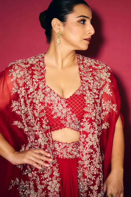Buy Mrunalini Rao Red Dupion Silk Embroidery Zardozi Cape Open And Skirt Set Buy_Mrunalini Rao_Red Dupion Silk Embroidery Zardozi Cape Open And Skirt Set
