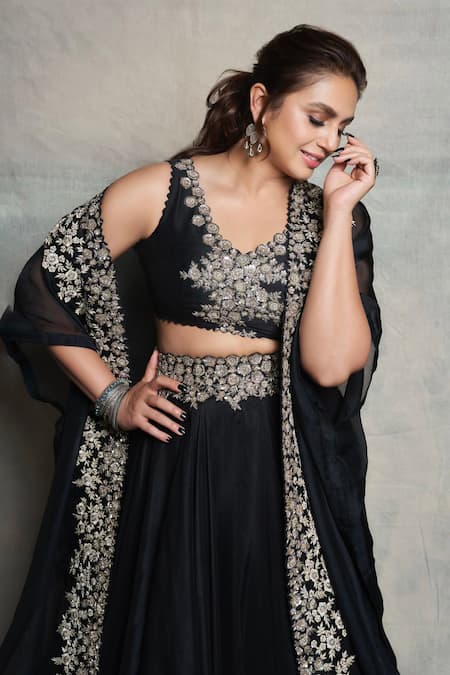 Mrunalini Rao_Black Raw , Organza, Dupion Floral, Zardozi Embroidered And Skirt Set _at_Aza_Fashions