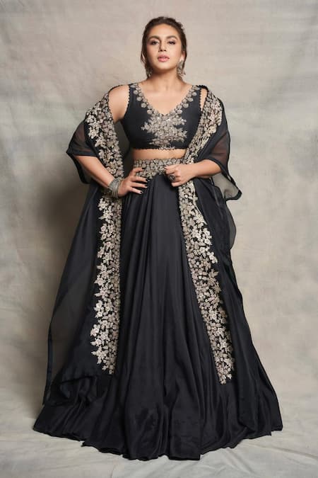 Buy_Mrunalini Rao_Black Raw , Organza, Dupion Floral, Zardozi Embroidered And Skirt Set 