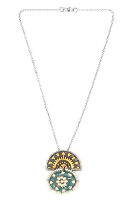 Shop Sangeeta Boochra Gold Plated Tiara Sun Bloom Pendant Chain Necklace at Aza Fashions Shop_Sangeeta Boochra_Gold Plated Tiara Sun Bloom Pendant Chain Necklace _at_Aza_Fashions