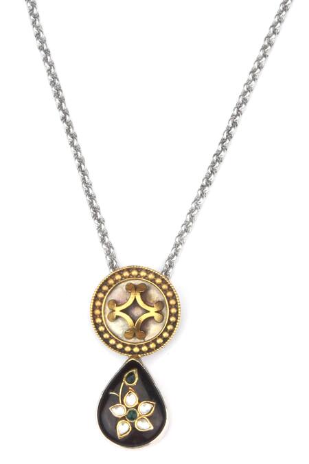 Sangeeta Boochra_Black Amithi Labradorite And Kundan Embellished Pendant Necklace _Online_at_Aza_Fashions