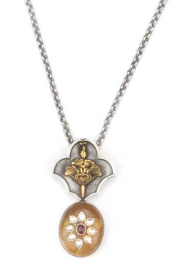 Sangeeta Boochra_Gold Plated Stuti Kundan And Onyx Embellished Carved Pendant Necklace _Online_at_Aza_Fashions