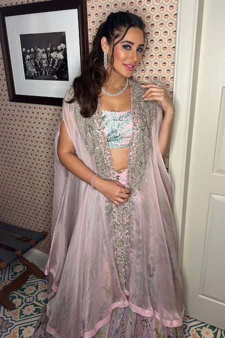 Buy_Mrunalini Rao_Pink Raw Silk, Organza, Chiffon Floral, Zardozi Blouse Embroidered And Skirt Set 