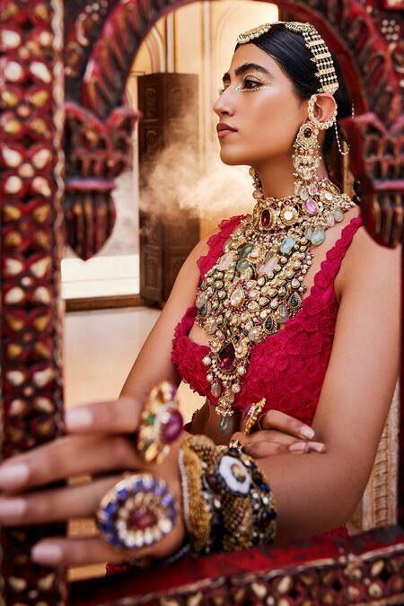 Buy Mrunalini Rao Pink Organza, Net, Sheer Mudra 3d Flower Bridal Lehenga Set Buy_Mrunalini Rao_Pink Organza, Net, Sheer Mudra 3d Flower Bridal Lehenga Set