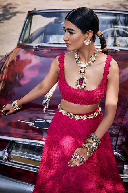 Shop Mrunalini Rao Pink Organza, Net, Sheer Mudra 3d Flower Bridal Lehenga Set Shop_Mrunalini Rao_Pink Organza, Net, Sheer Mudra 3d Flower Bridal Lehenga Set