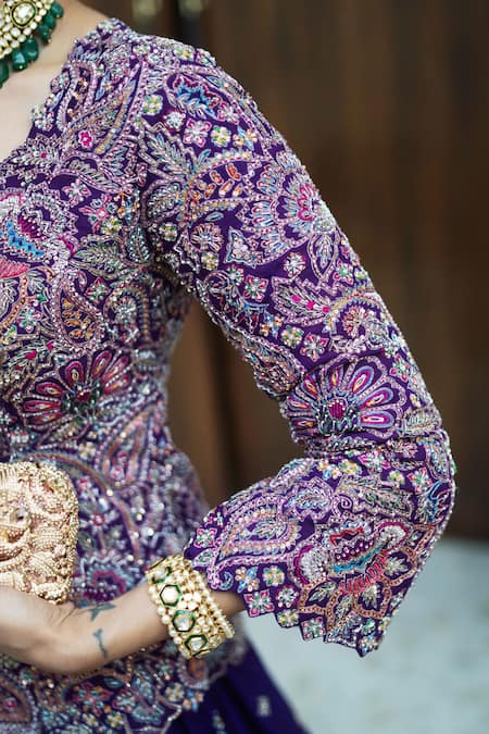 Buy Mrunalini Rao Purple , Satin, Rayon Zari, Embroidery Meenakari Lehenga With Jacket Buy_Mrunalini Rao_Purple , Satin, Rayon Zari, Embroidery Meenakari Lehenga With Jacket