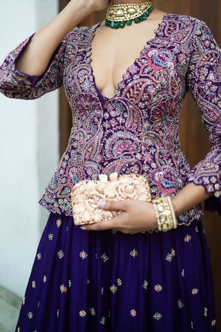 Shop Mrunalini Rao Purple , Satin, Rayon Zari, Embroidery Meenakari Lehenga With Jacket Shop_Mrunalini Rao_Purple , Satin, Rayon Zari, Embroidery Meenakari Lehenga With Jacket