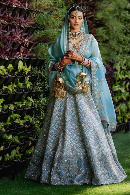 Mrunalini Rao Blue Silk, Organza Zari, Embroidery Taara Bloom Zardozi Work Bridal Lehenga Set