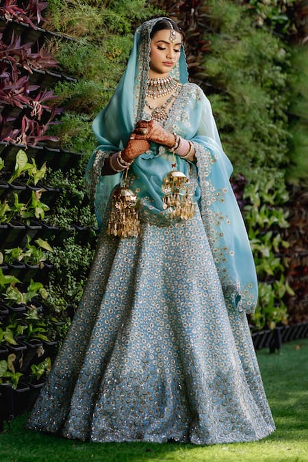 Mrunalini Rao_Blue Silk, Organza Zari, Embroidery Taara Bloom Zardozi Work Bridal Lehenga Set _at_Aza_Fashions
